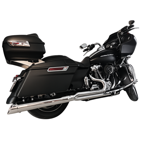 D&D 631Z-32 Chrome Diablo Gato 2-into-1 exhaust installed on Harley-Davidson® Touring motorcycle rear angle