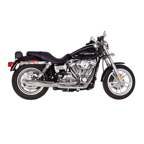 D&D Exhaust Chrome Fat Cat 2-into-1 exhaust installed on black Harley-Davidson® Dyna motorcycle