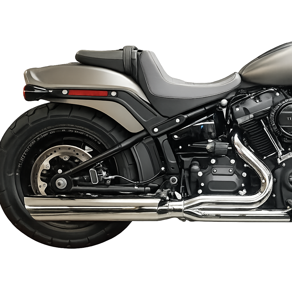 Fat Cat shorty dual exhaust system installed on the rear of a Harley-Davidson motorcycle, polished chrome finish.