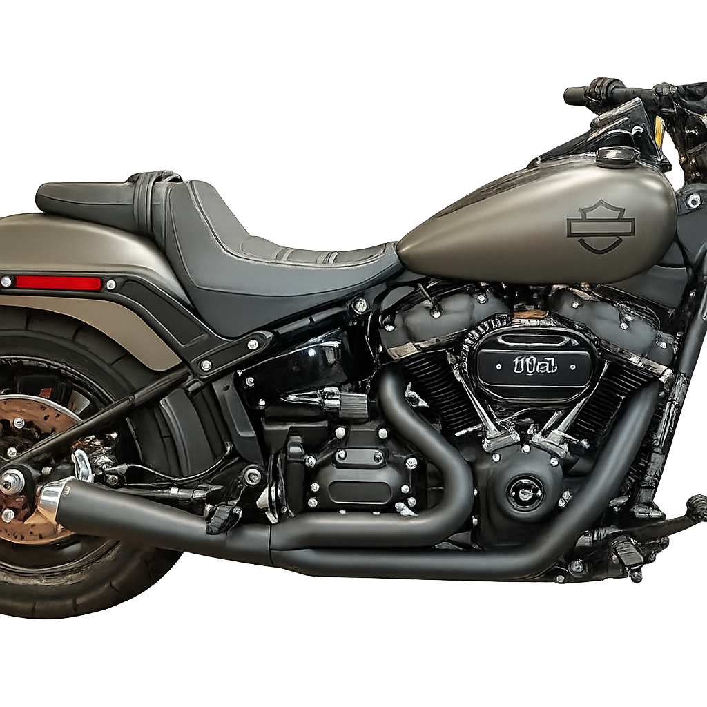 D&D 641Z-32M Abuelo Cat chrome 2-into-1 exhaust installed on Harley M8 Softail wide tire model