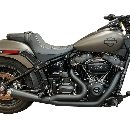 D&D 637Z-32M Abuelo Cat chrome 2-1 exhaust system installed on Harley M8 Softail with upswept megaphone muffler