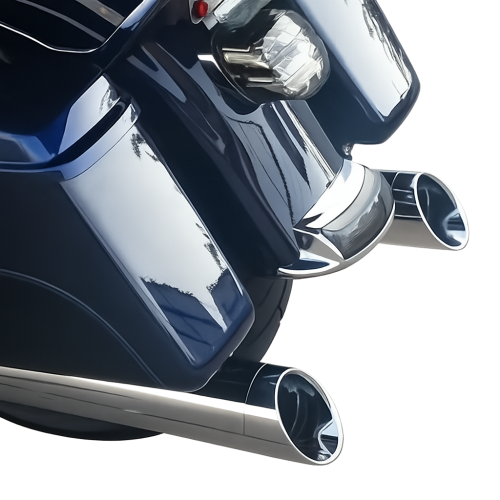 Chrome 4-inch D&D slip-on mufflers installed on a Harley-Davidson Touring motorcycle with stretched saddlebags.