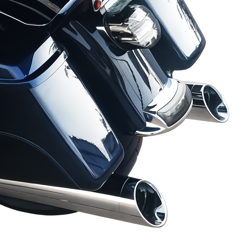 D&D 4.5-inch chrome Harley Touring mufflers with straight cut tips installed on motorcycle