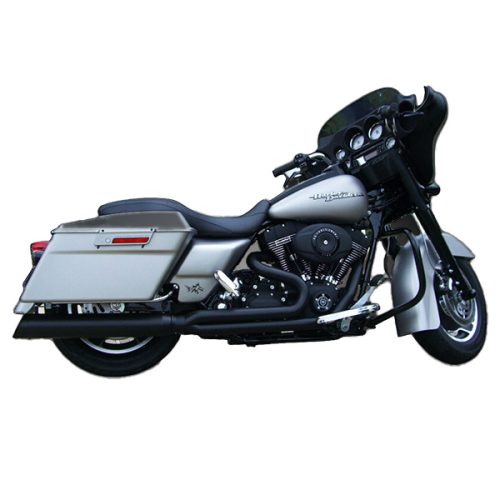 Silver Harley-Davidson Touring motorcycle with D&D Fat Cat 2-into-1 black exhaust system installed