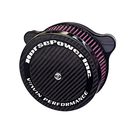 Horsepower Inc. Billet-Pro motorcycle air cleaner with carbon fiber cover.