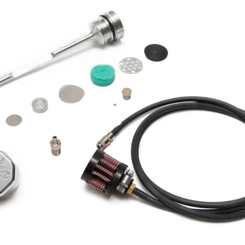 Feuling vented dipstick assembly with breather filter, hose, and hardware for motorcycle oil systems