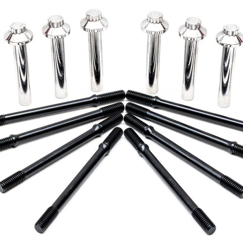 High-performance Feuling ARP cylinder studs and head bolts arranged with washers, lubricant, and hardware for V-Twin engine assembly