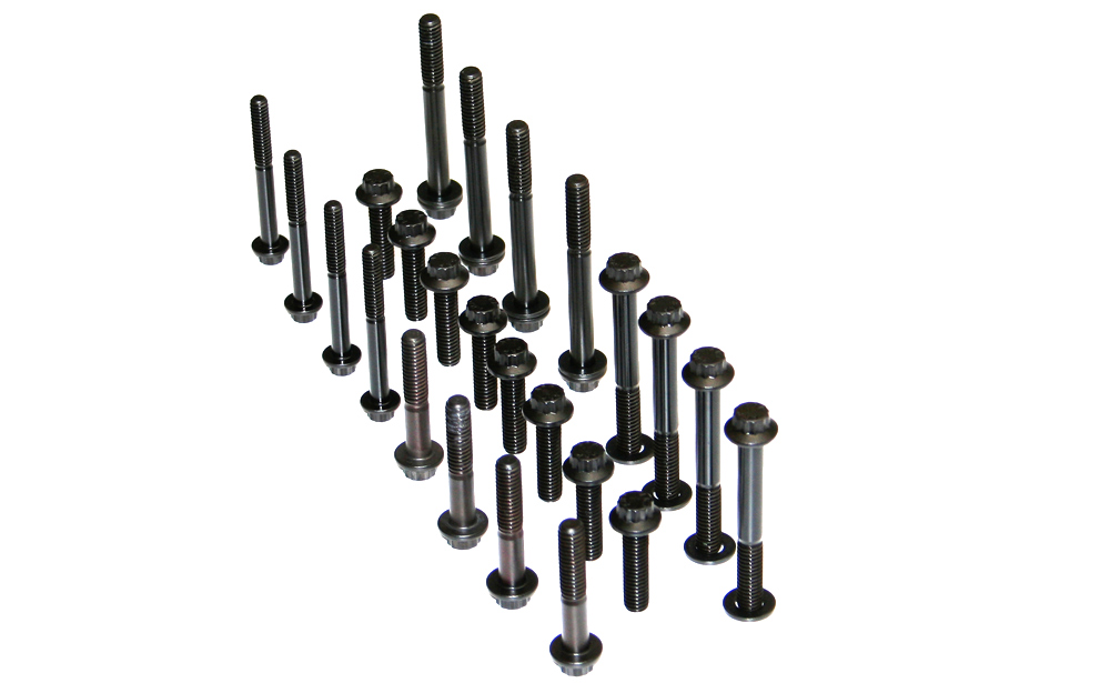 Feuling ARP rocker box fastener kit with black-oxide 12-point bolts and washers designed for Harley-Davidson Twin Cam rocker boxes