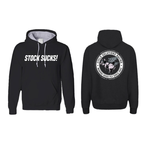 Cycle Solutions Inc Stock Sucks Hoodie in black showing front logo — V-Twin motorcycle appare