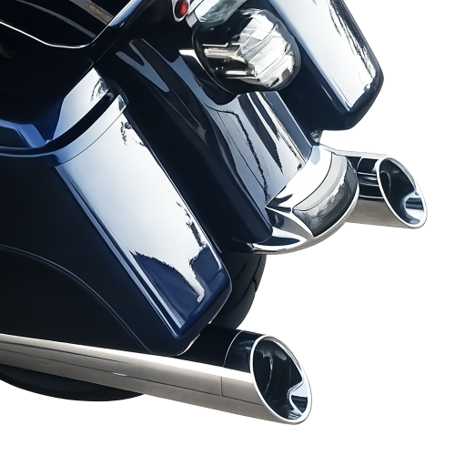 Chrome 4 inch D&D 647-12T slip-on exhaust mufflers for 2017 and newer Harley-Davidson Touring models installed on touring motorcycle