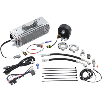 UltraCool down tube mounted oil cooler kit for 2009-2016 Harley-Davidson Touring motorcycles in black or chrome finish