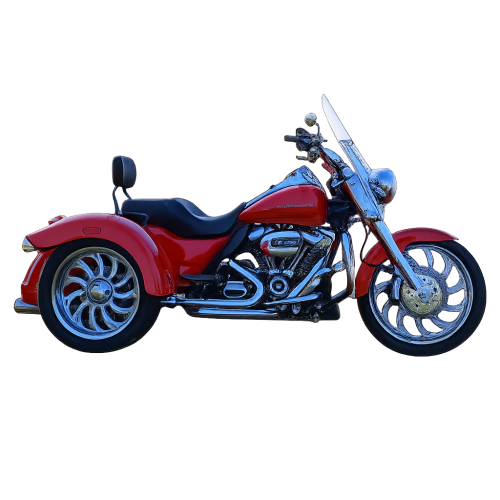 Chrome D&D Billet Cat 627Z-32 2-into-1 motorcycle exhaust system installed on a Harley-Davidson trike