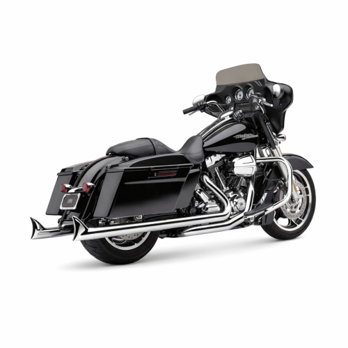 Cobra Speedster Duals exhaust system installed on Harley-Davidson Touring motorcycle, rear three-quarter view