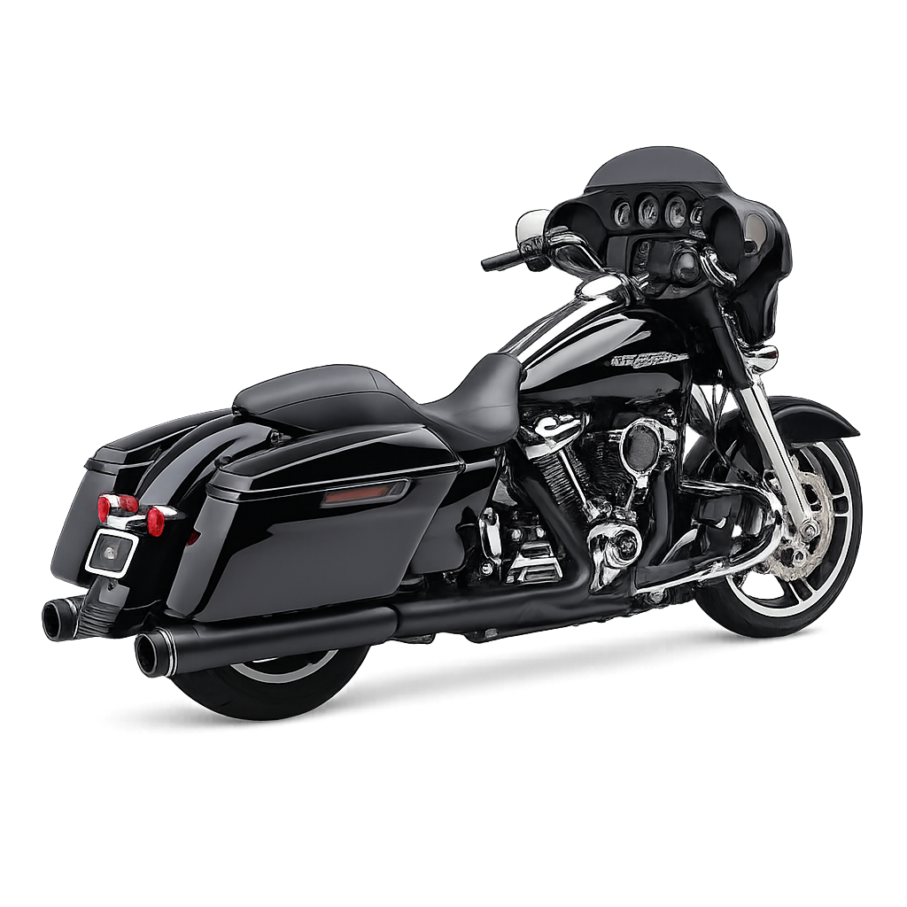 Cobra Gen-2 “Neighbor Haters” 4” Slip-On Mufflers installed on a black Harley-Davidson Touring M8 motorcycle isolated on white background