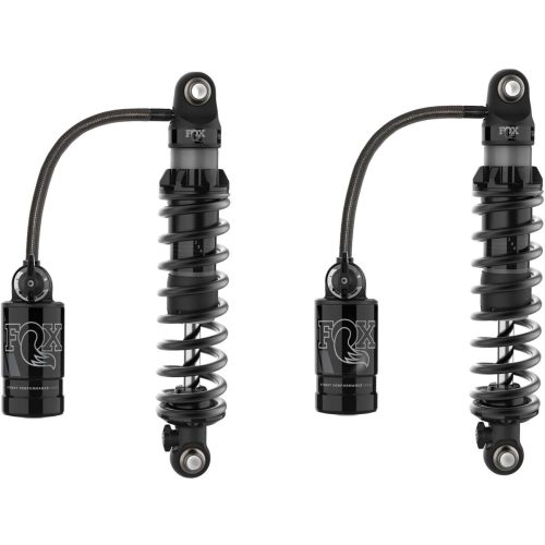 FOX QS3-QSR remote reservoir rear shocks for Harley-Davidson touring motorcycles with matte black springs and external compression and rebound adjusters