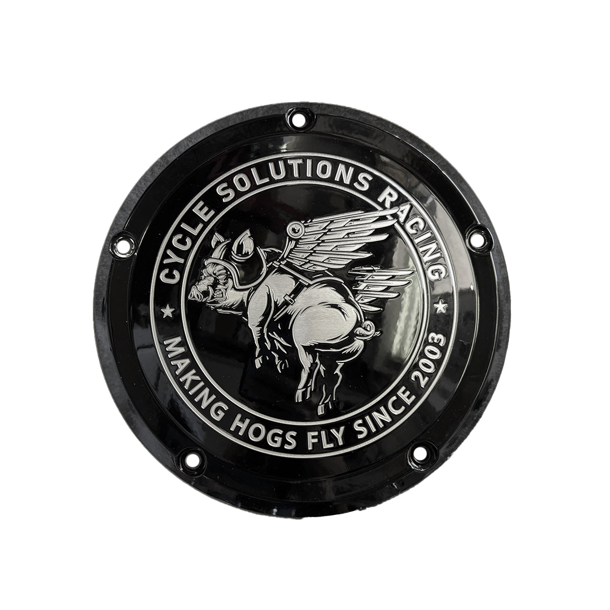 “Cycle Solutions Inc. engraved Hogs Fly 5-hole derby cover in chrome”