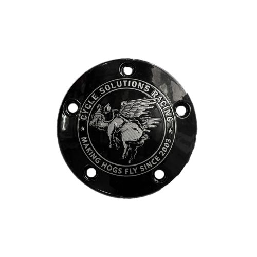 Cycle Solutions Racing engraved Hogs Fly points cover in black finish for Harley-Davidson engines