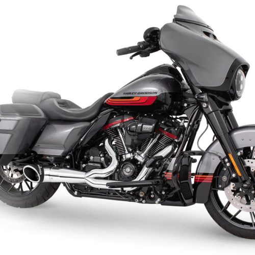 Chrome 2-into-1 motorcycle exhaust with black turnout tip for Milwaukee-Eight engines
