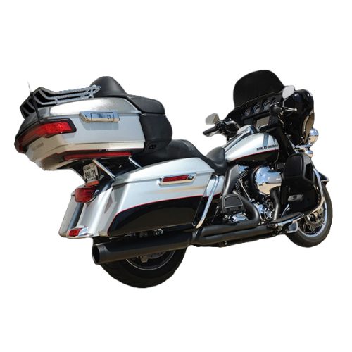D&D Diablo Gato 2-into-1 black performance exhaust for 2017–2025 Harley-Davidson® Touring models with stepped headers and race-inspired megaphone design.